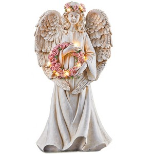 Collections Etc Solar Powered Angel with LED Lighted Wreath Garden Statue - 1 of 2