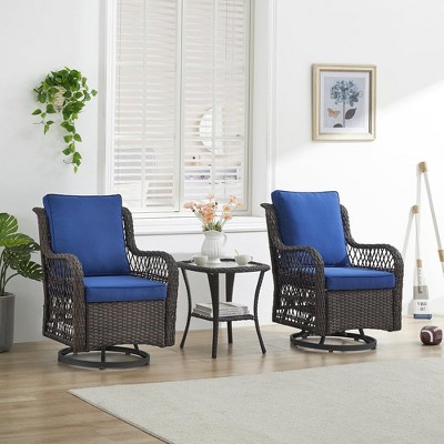 3 Pieces Outdoor Swivel Rocker Chair Set of 2 with Glass Top Table