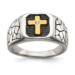 Black Bow Jewelry Men's 13mm Stainless Steel, Gold Tone Plated & CZ Cross Tapered Ring - 1 of 4