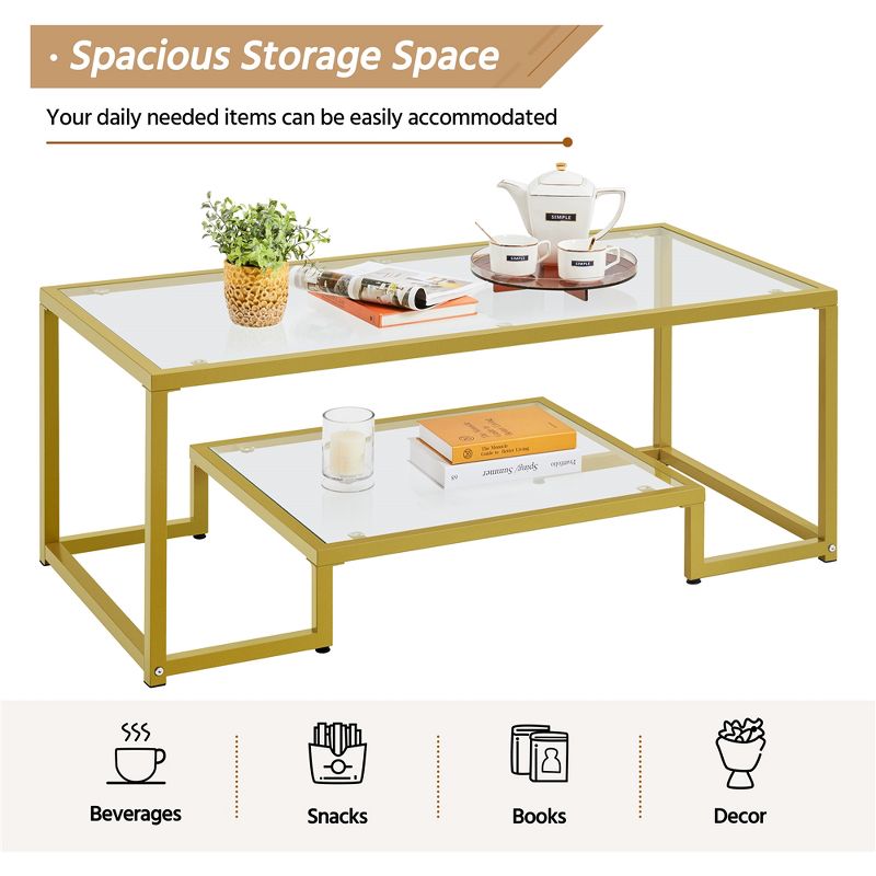 Yaheetech Modern Tempered Glass Coffee Table With Open Shelf for Living Room Gold, 5 of 10