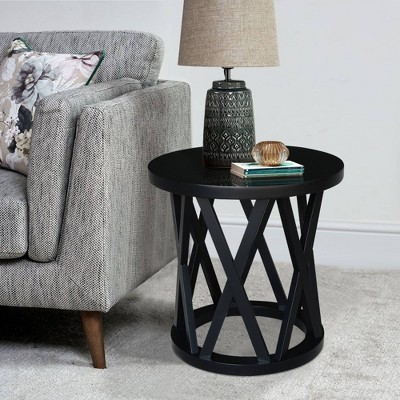 24" Black Solid Wood Round End Table with Geometric Base