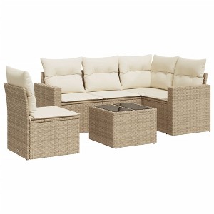 vidaXL 6 Piece Patio Sofa Set with Cushions Beige Poly Rattan - Beige and Cream With Table - 1 of 4