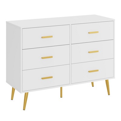Dresser for Bedroom, Modern Wood Dresser with 6 Wide Drawers, Gold Handles Storage Organizer Unit