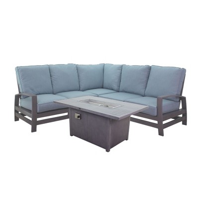 Courtyard Casual Cabo 4 pc Sectional Set with Fire Pit  Includes Left and Right Arm Loveseats, one Rectangle Firepit and one Armless Corner Chair