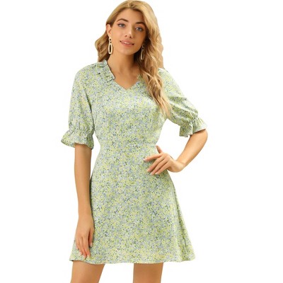INSPIRE CHIC Women's Frilly V Neck Short Raglan Sleeves Floral Dress