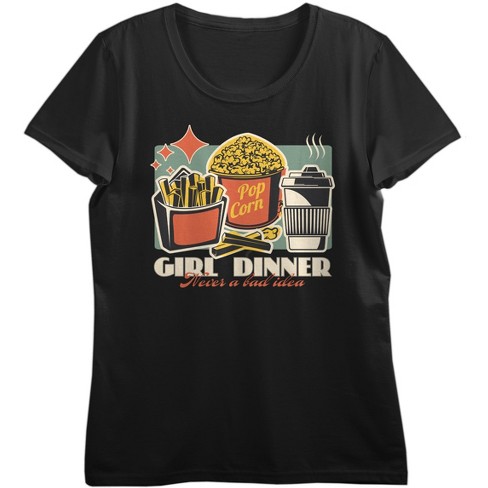 Girl Dinner French Fries Popcorn & Coffee Crew Neck Short Sleeve Women's Black T-shirt - image 1 of 2