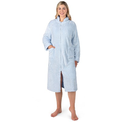 PAVILIA Womens Fluffy Housecoat Zip Robe, Faux Shearling Zipped Up Front Bathrobe, Plush Warm Zipper House Coat Lounger