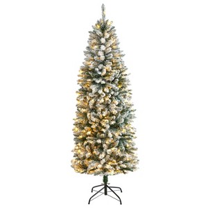 6ft. Slim Flocked Fir Artificial Christmas Tree with 250 Warm White LED Lights and 743 Bendable Branches – Stylish Slim Fit - 1 of 4