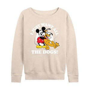 Women's - Disney - Mickey Pluto Just Want All Dogs Lightweight French Terry Wide Neck Long Sleeve Shirt - 1 of 4