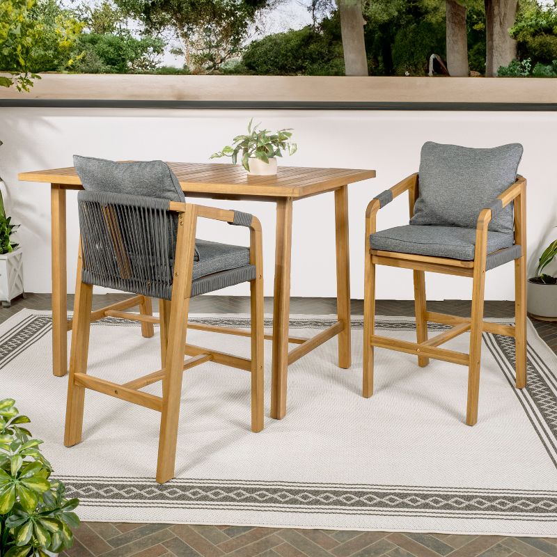 Porto Modern Coastal 3-Piece Acacia Wood Outdoor Bar Set with Cushions, 2 of 9