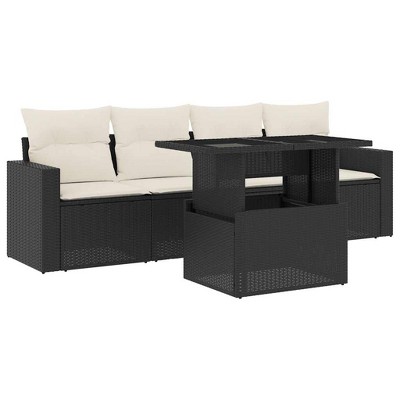 vidaXL 5 Piece Patio Sofa Set with Cushions Black and Cream Poly Rattan - without storage