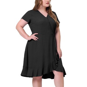 Agnes Orinda Women's Plus Size Relaxed Fit Faux Wrap Elastic Waist V Neck Chambray Ruffle Dresses - 1 of 4