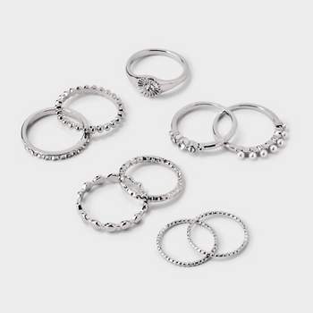 Crystal and Pearl Multi Ring Set 8pc - Wild Fable™ Silver
