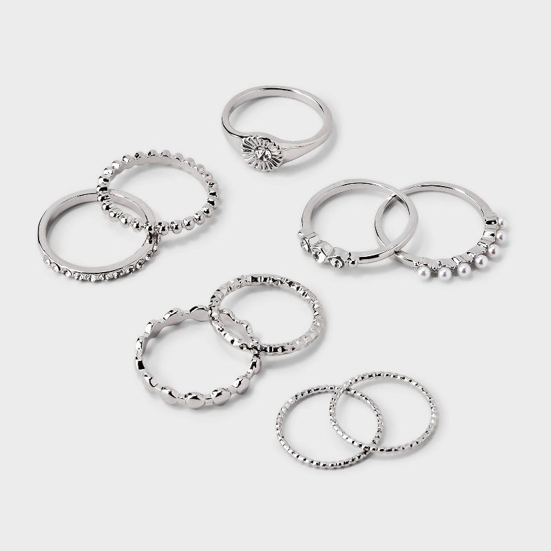Crystal and Pearl Multi Ring Set 8pc - Wild Fable&#8482; Silver, 1 of 6