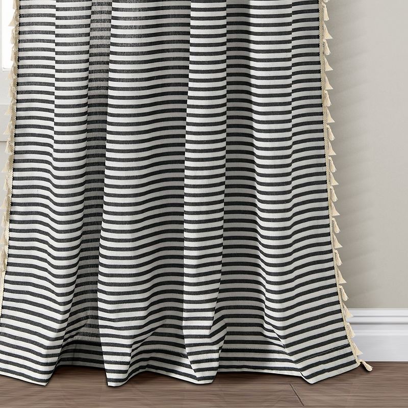Boho Coastal Horizontal Ticking Stripe Tassel Window Curtain Panels Black 52X84 Set, 4 of 6