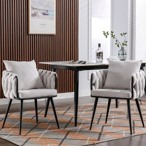 Modern Dining Chairs Set Of 2 Upholstered Velvet Side Chair Hand Weaving Accent Armchair With Metal Legs Cushion - 1 of 4