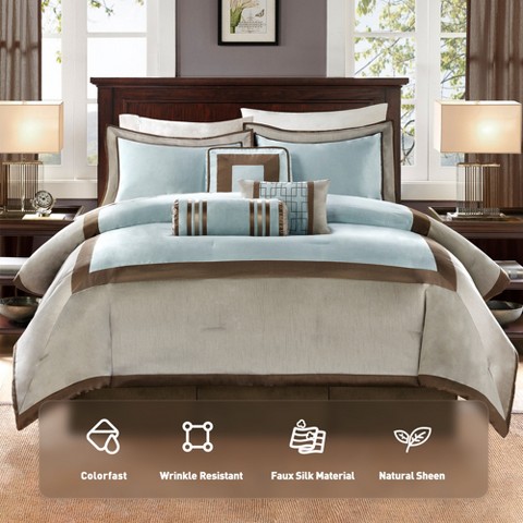 Madison Park 7Pcs Hotel Collection Comforter Set, All Season Down Alternative Luxury Bedding with Matching Shams, Decorative Pillows, Blue, Cal King