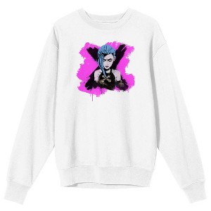 Arcane League Of Legends Jinx Metallic Ink Portrait Adult White Crew Neck Long Sleeve Sweatshirt - 1 of 4