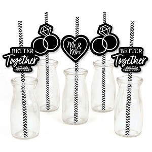 Big Dot of Happiness Mr. and Mrs. - Paper Straw Decor - Black and White Wedding or Bridal Shower Striped Decorative Straws - Set of 24 - 1 of 4
