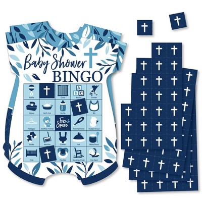 Big Dot of Happiness Blue Elegant Cross - Picture Bingo Cards and Markers - Boy Religious Party Shaped Bingo Game - Set of 18