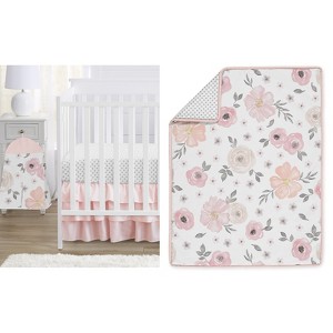 Sweet Jojo Designs Girl Baby Crib Bedding Set - Watercolor Floral Pink Grey White 4pc - 1 of 4