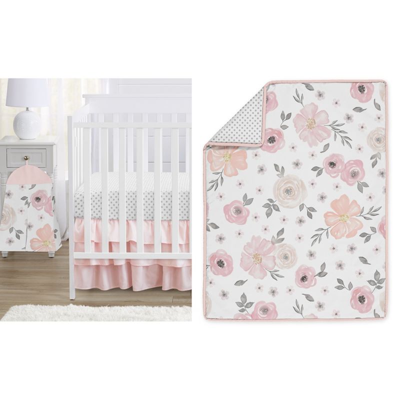 Sweet Jojo Designs Girl Baby Crib Bedding Set - Watercolor Floral Pink Grey White 4pc, 1 of 8