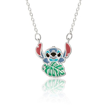 Disney Stitch Necklace for Women 16"+2" Official License, Silver Flash Plated Leaf Stitch Pendant Necklace