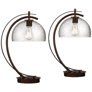 Possini Euro Design Modern Desk Lamps Set of 2 with USB Port 22 1/2" High Bronze LED Clear Seeded Glass Shade for Bedroom Office - 1 of 4
