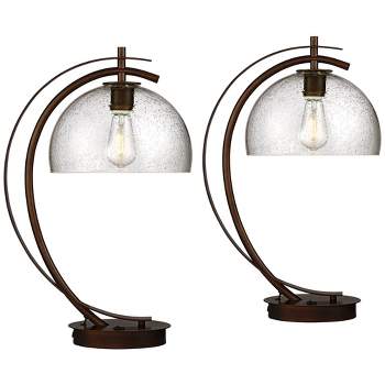 Possini Euro Design Modern Desk Lamps Set of 2 with USB Port 22 1/2" High Bronze LED Clear Seeded Glass Shade for Bedroom Office