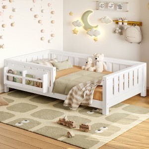 Okak Twin/Full Size Platform Beds with Storage Bookshelf & Guardrails,Solid Wood Bed Frame for Kids,Teens,No Spring Box Needed - 1 of 4