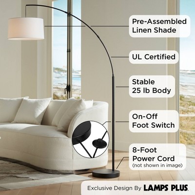 72" Black Metal Arc Floor Lamp with White Linen Shade