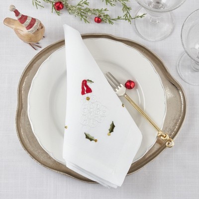White Cotton Table Napkins with Embroidered Santa Design, Set of 4