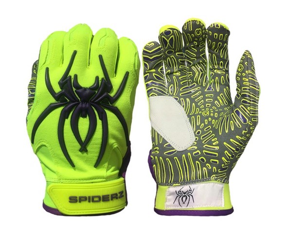 Spiderz Hybrid Tac Palm Baseball/Softball Batting Gloves Adult Neon Freak-a-Delic - Yellow/Purple - XXL