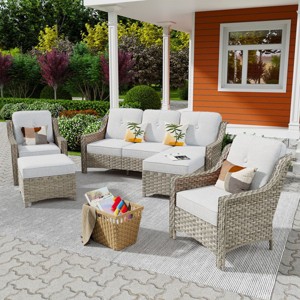 XIZZI 5 Pieces Wicker Furniture, Outside Conversation Set, 3-Seat Sofa with Cushion, High Back Rattan Chairs and Ottomans for Garden Backyard - 1 of 4