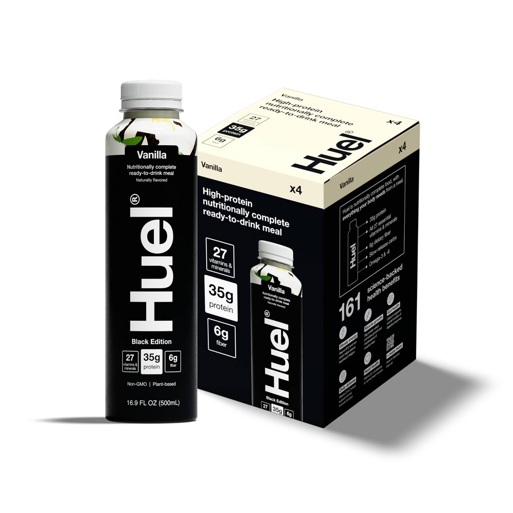 Huel Black Edition Vanilla Ready-to-Drink 35g Protein Meal Replacement - 4pk: Kosher, Certified Gluten-Free, Non-GMO, Vegan