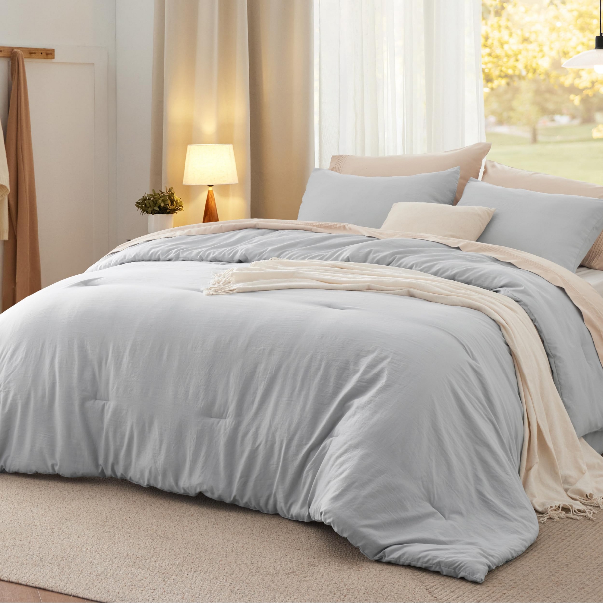 Bedsure King Size Comforter Set Light Grey Soft Prewashed Bedding for All Seasons 3 Pieces GentleSoft™ Warm Down Alternative Bed Set Mother's Day Gift