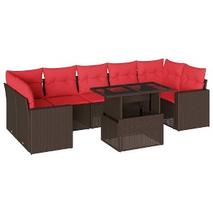 vidaXL Patio Sofa Set with Cushions and Table Outdoor 8 Piece Poly Rattan - Brown without storage - 1 of 4