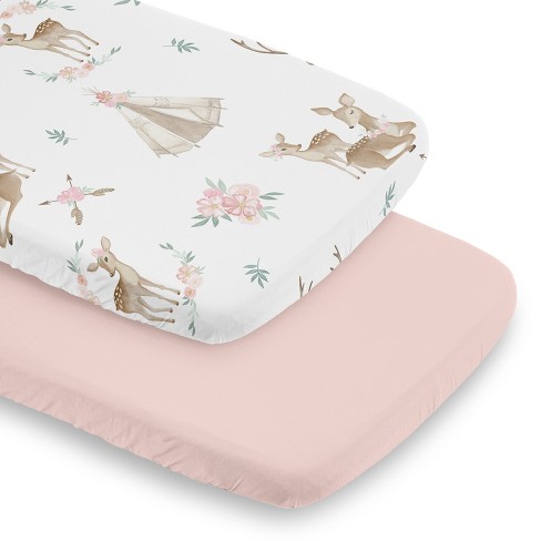 Sweet Jojo Designs Girl Baby Bassinet Fitted Sheets Set Deer Floral Pink Taupe and White 2pc