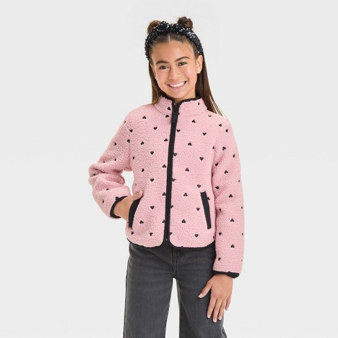 Girls Faux Shearling Zip Up Heart Embroidery Jacket Cat Jack Dusty Pink XS