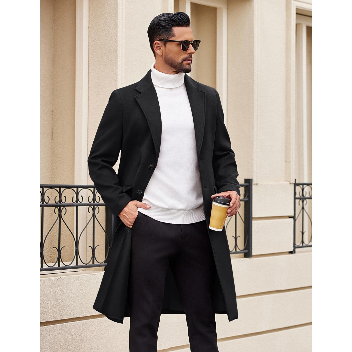 Мужская куртка COOFANDY Winter Trench Coat Slim Fit Long Single Breasted Overcoat Casual Notched Collar Pea Coat Black, цвет: Чёрный — фото 3