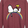 Women's - Peanuts - Lazy Snoopy and Woodstock on Rainbow Lightweight French Terry Wide Neck Long Sleeve Shirt - 2 of 4