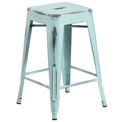 Flash Furniture Commercial Grade 24" High Backless Distressed Metal Indoor-Outdoor Counter Height Stool