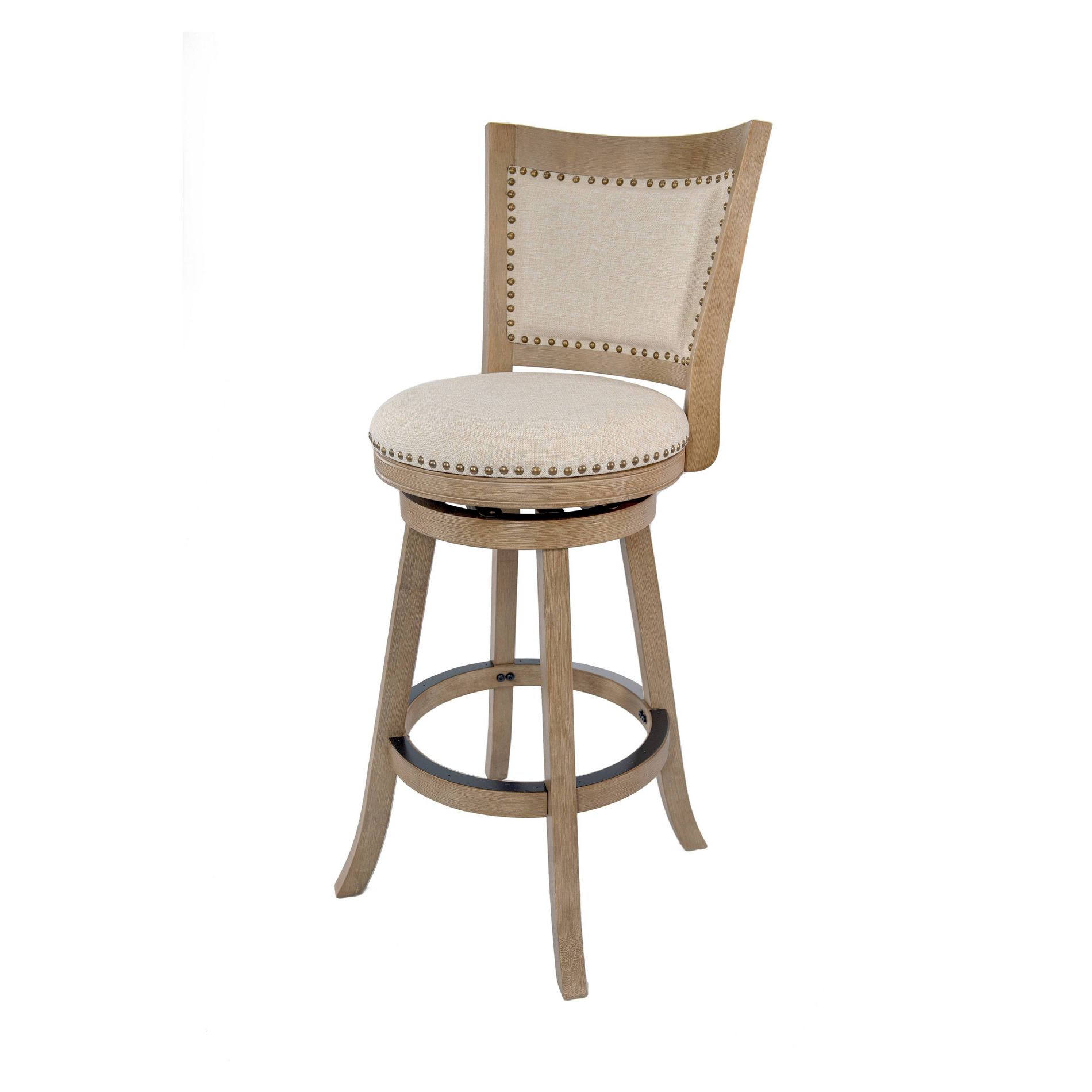 29" Melrose Distressed Barstool Driftwood Ivory - Boraam: Upholstered, Brass Nailhead, Swivel
