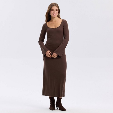 Женские платья A New Day Women's Long Sleeve Ribbed Flare Midi Bodycon Dress - A New Day™ Brown M