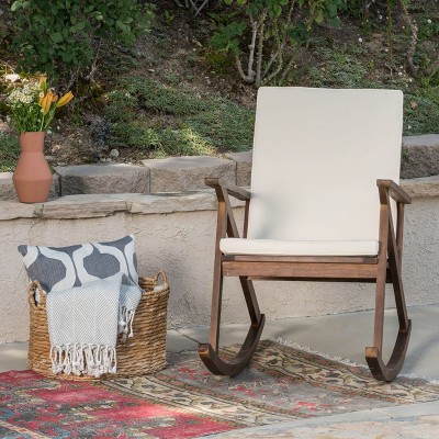 Louise Dark Brown Acacia Wood Rocking Chair with Cream Cushions