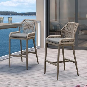 PURPLE LEAF Patio Sunbrella Bar Stools Set of 2 Handwoven Wicker Bar Height Stool Modern Aluminum Outdoor Wicker Barstools with Back and Cushion - 1 of 4