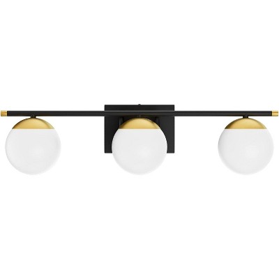 Runesay Black and Gold Bathroom Lights 3-Light Mid Century Modern Milky Glass Black and Gold Vanity Lights for Bathroom