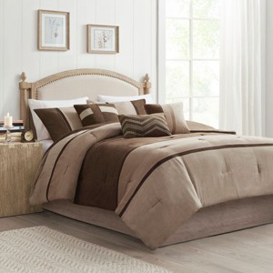 Sapphtopaz 7 Piece Comforter Set Bedding Faux Suede Reversible Quilt Stitching Colorblock Embroidery Design Hut Style Quilt Set - 1 of 4