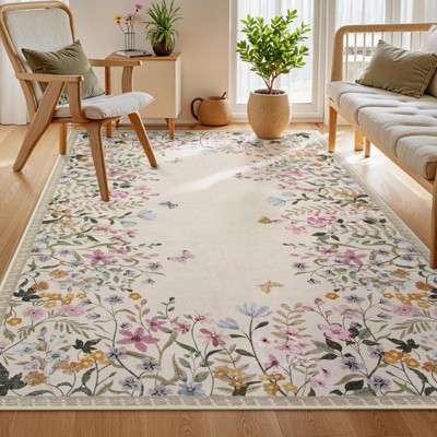 Lahome Short Velvet Geometric Floral Floor Mat-Natural Bio-Printed Soft Rug for Living Room, Bedroom, or Entryway