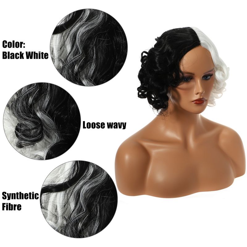 Unique Bargains Curly Women's Wigs 14" Black White with Wig Cap Shoulder Length, 4 of 7